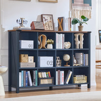 Dark navy farmhouse bookcase with open compartments, thick top, and four legs for books and decor