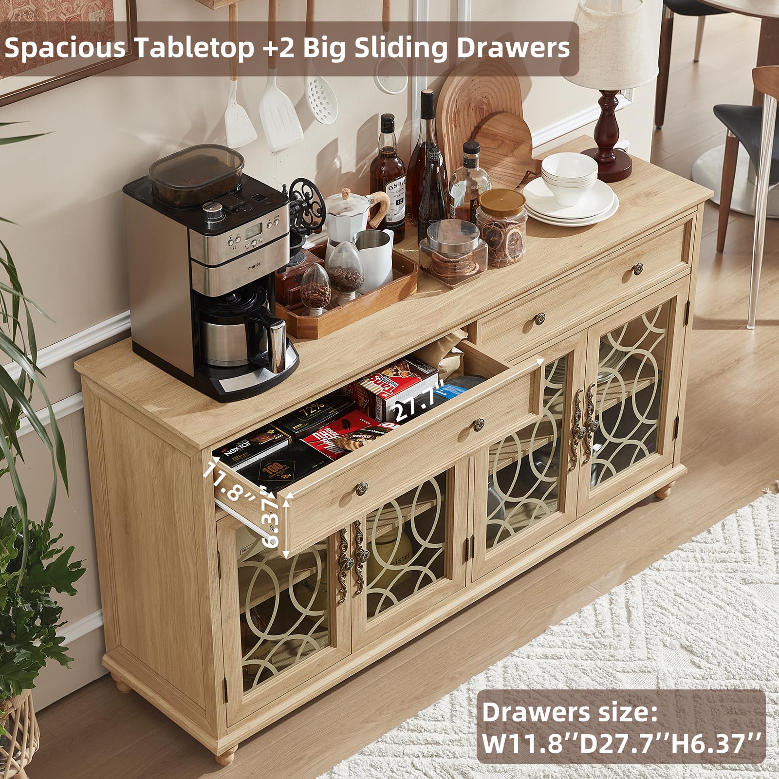 Light wood sideboard cabinet with 2 drawers and glass doors, open storage shelf view