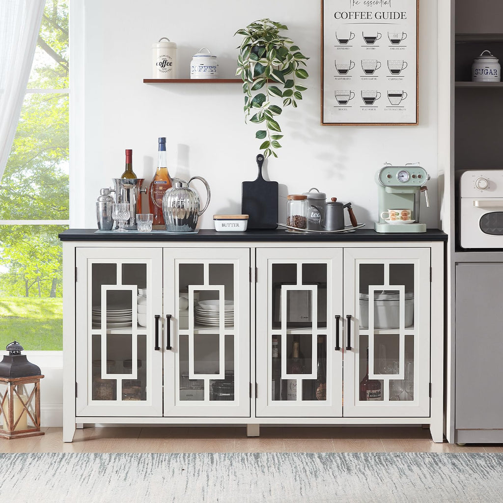 White sideboard buffet cabinet with multiple glass-panel doors and storage compartments