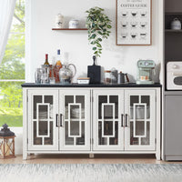 White sideboard buffet cabinet with multiple glass doors and open storage shelving