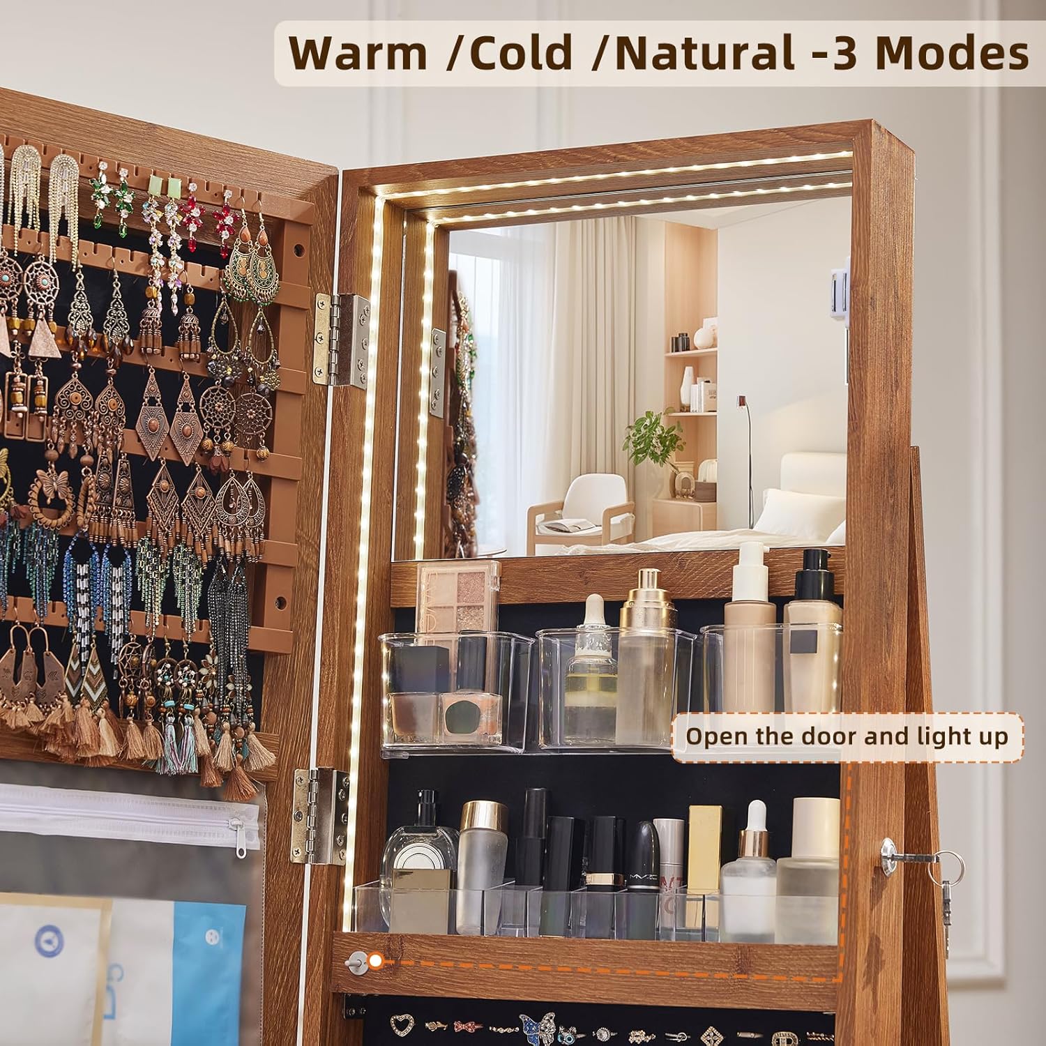 Boho 360° Swivel Jewelry Armoire Cabinet with Full Length Mirror, Standing Lockable Jewelry Organizers and Drawer with 3 Color LED Lights & Interior Mirror Rear Storage Shelves for Bedroom Living Room