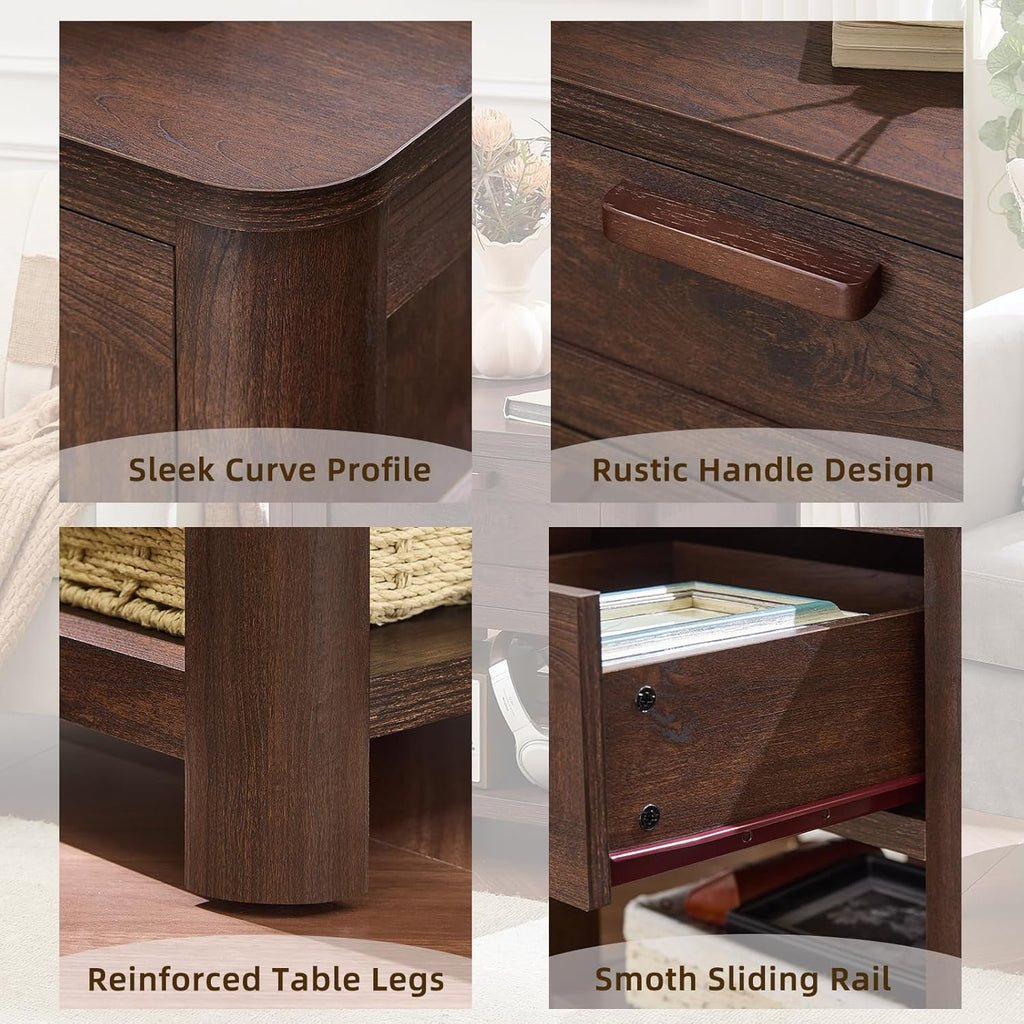 Dark walnut nightstand close-up: curved edges, handle drawer, reinforced legs, rails