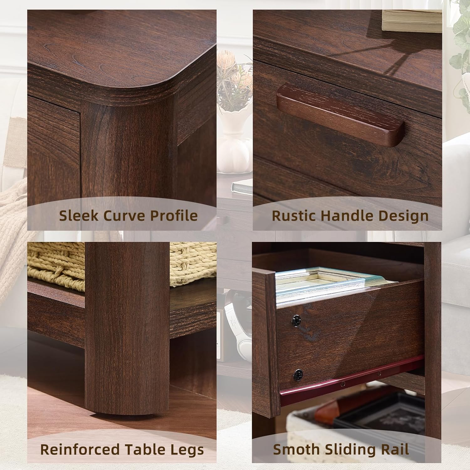 Dark walnut nightstand close-up: curved edges, handle drawer, reinforced legs, rails