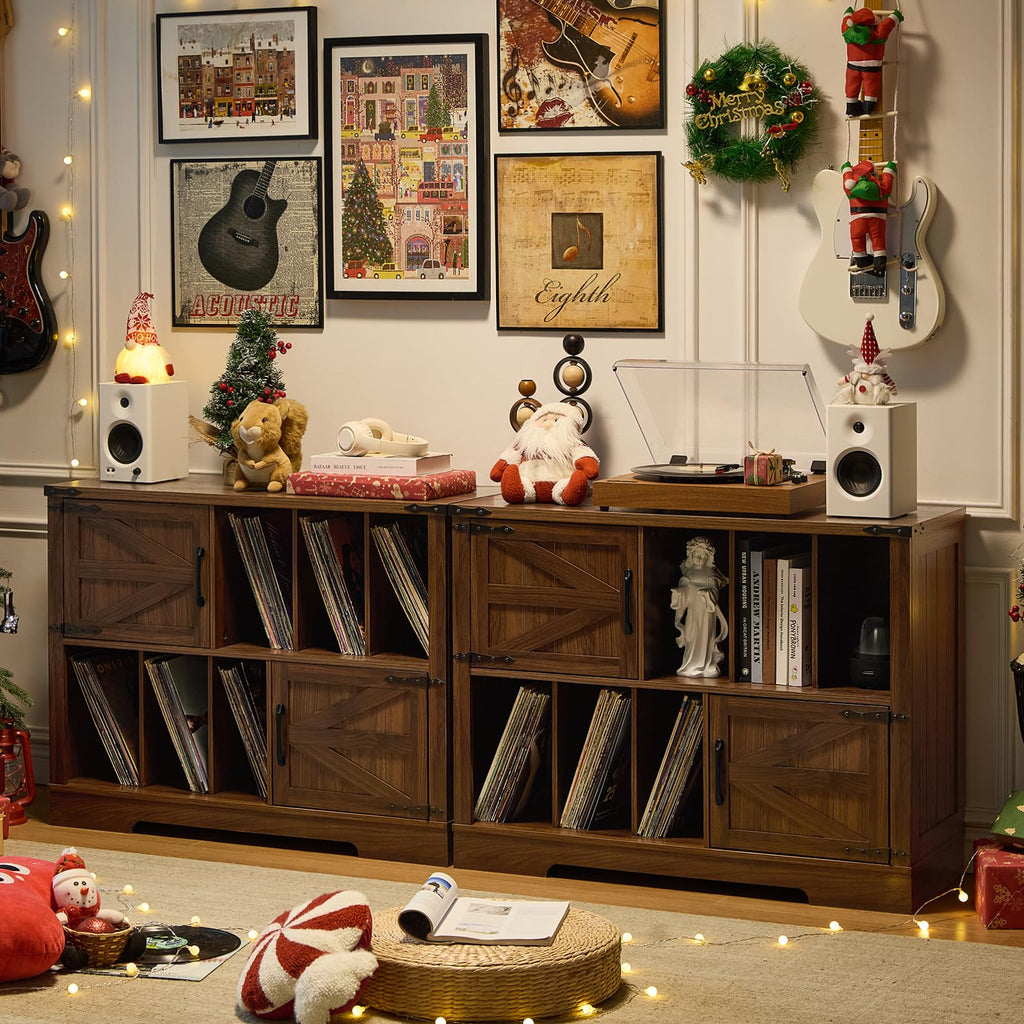 Wood record player cabinet with barn-door doors and open compartments for vinyl records.