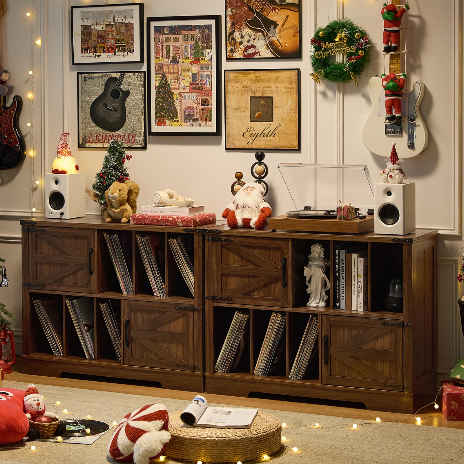 Wood record player cabinet with barn-door doors and open compartments for vinyl records.