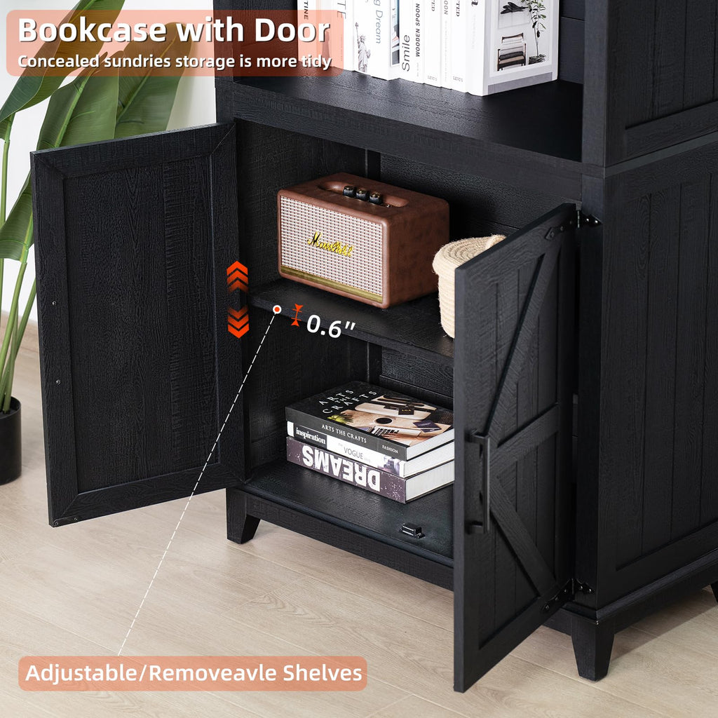 70in Tall Bookshelf 5 Tier Bookcase with Barn Doors and Adjustable Shelves, Blue Farmhouse Book Shelf with Storage Cabinet, Wood Freestanding Display Bookshelves for Bedroom, Living Room | Bookcase, Barn Doors, Adjustable Shelves, Book Shelf, Storage Cabi