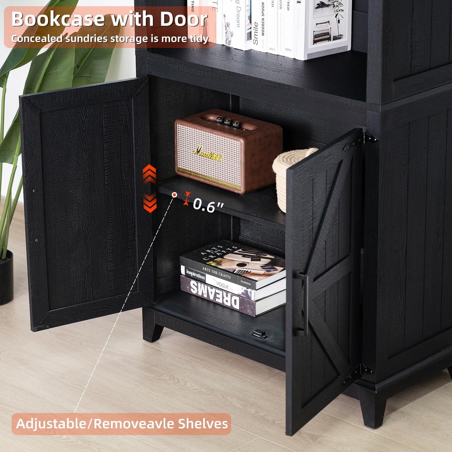 Joaxswe 70in Tall Bookshelf 5 Tier Bookcase with Barn Doors and Adjustable Shelves, Blue Farmhouse Book Shelf with Storage Cabinet, Wood Freestanding Display Bookshelves for Bedroom, Living Room