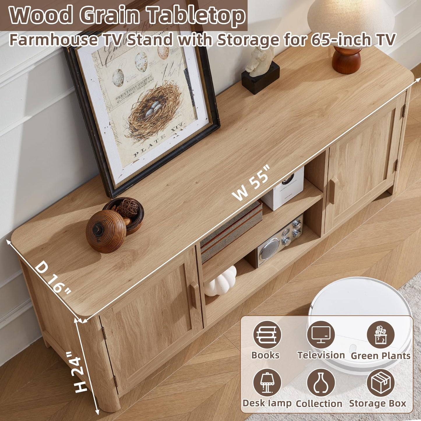 Joaxswe Farmhouse 55" Tv Stand Up for 65 in TV,Tv Consoles for Living Room | Adjustable Shelves Entertainment Center, 2 Door Storage, Rustic Wooden Veneer, Media Console Cabinet for TVs