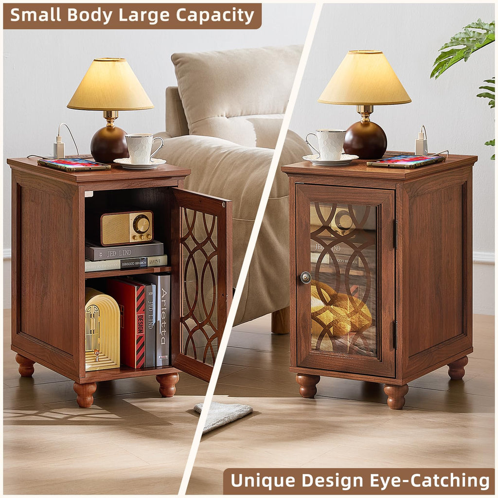 Brown wood nightstand cabinet with glass door and open storage compartment