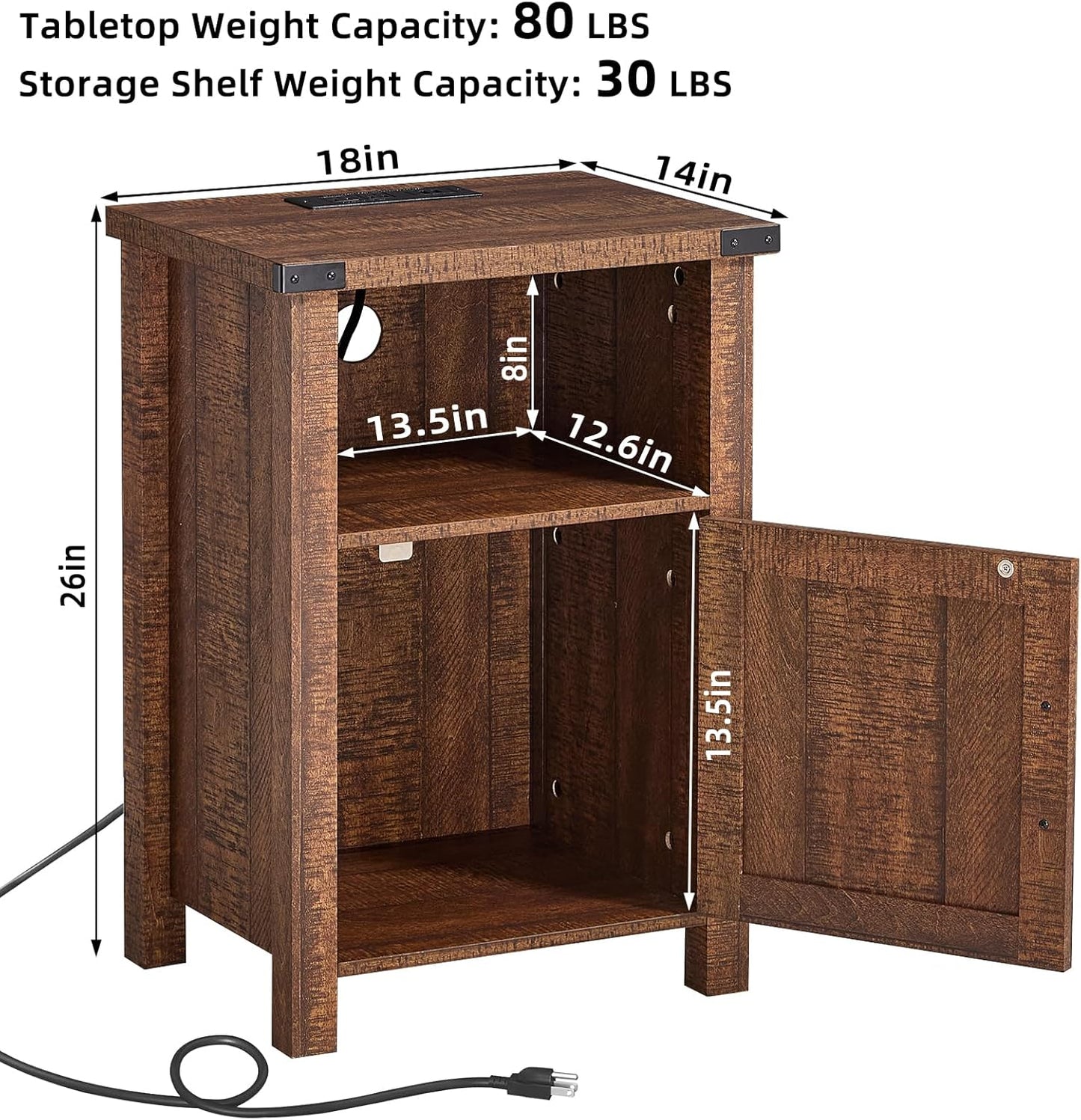 Joaxswe 18-Inch Nightstand with Charging Station and Fluted Door,Dark Blue | 18-inch bedside table with AC and USB charging, open storage and a magnetic fluted door for bedroom essentials