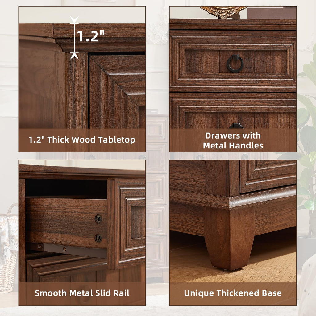 Farmhouse dresser detail panel: thick wood top, metal handles, smooth slide rails