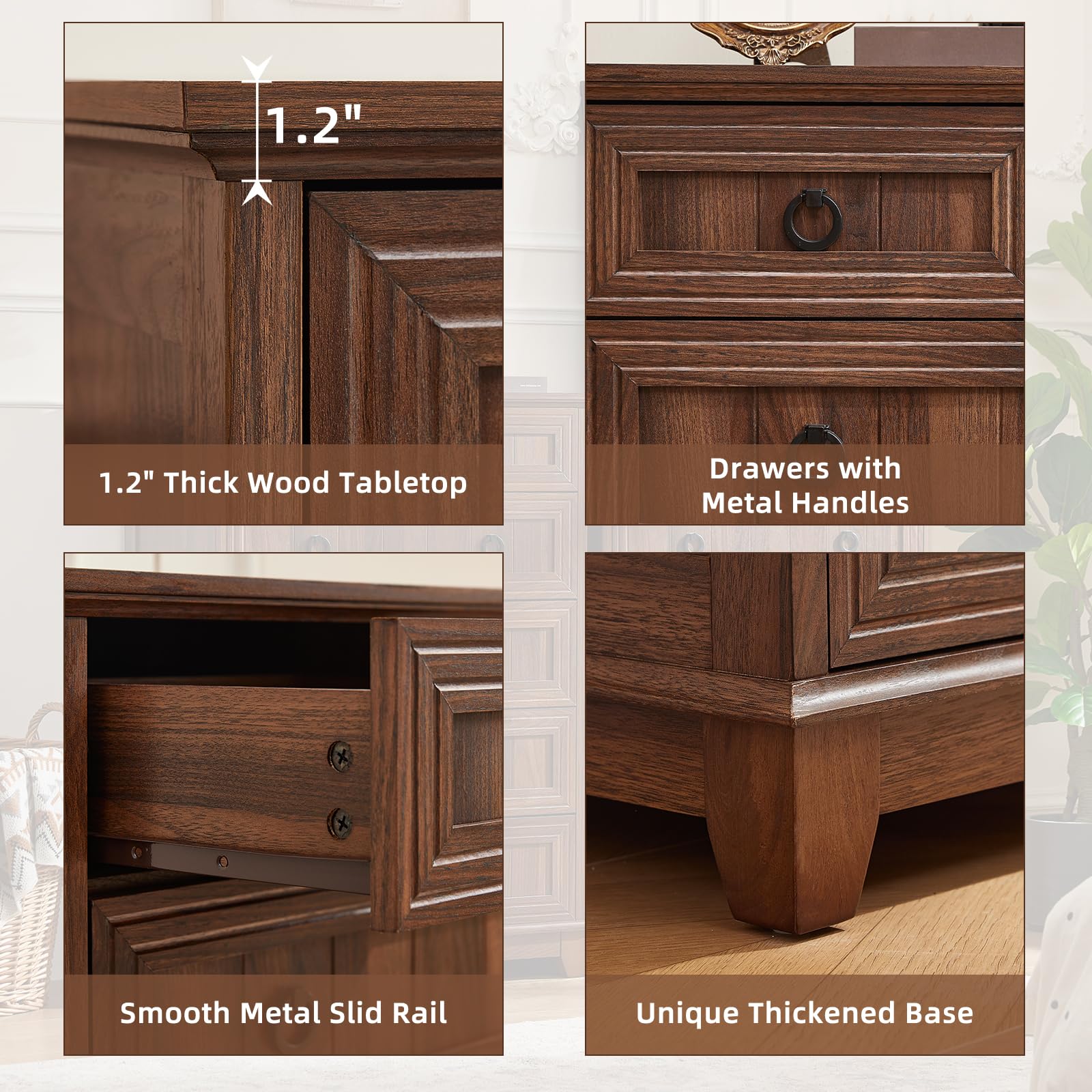 Farmhouse dresser detail panel: thick wood top, metal handles, smooth slide rails