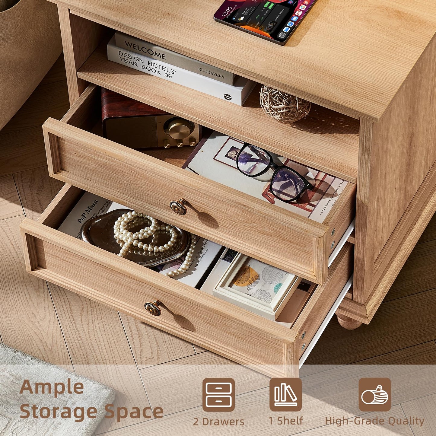 Light wood nightstand open showing two drawers and interior shelf storage space