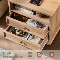 Light wood nightstand open showing two drawers and interior shelf storage space