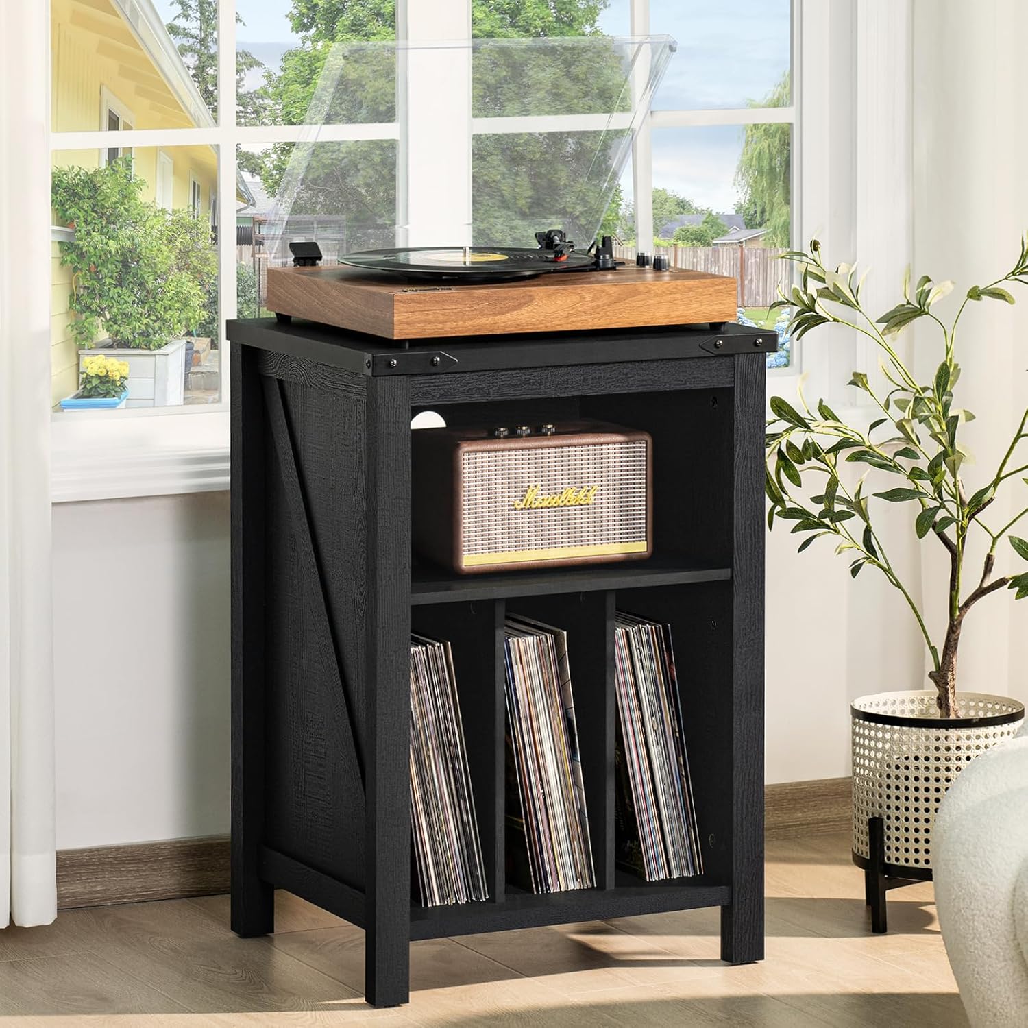 Black record player stand cabinet with wooden top and front vinyl record shelf