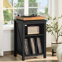 Record player stand with black cabinet and front open shelf with vinyl records