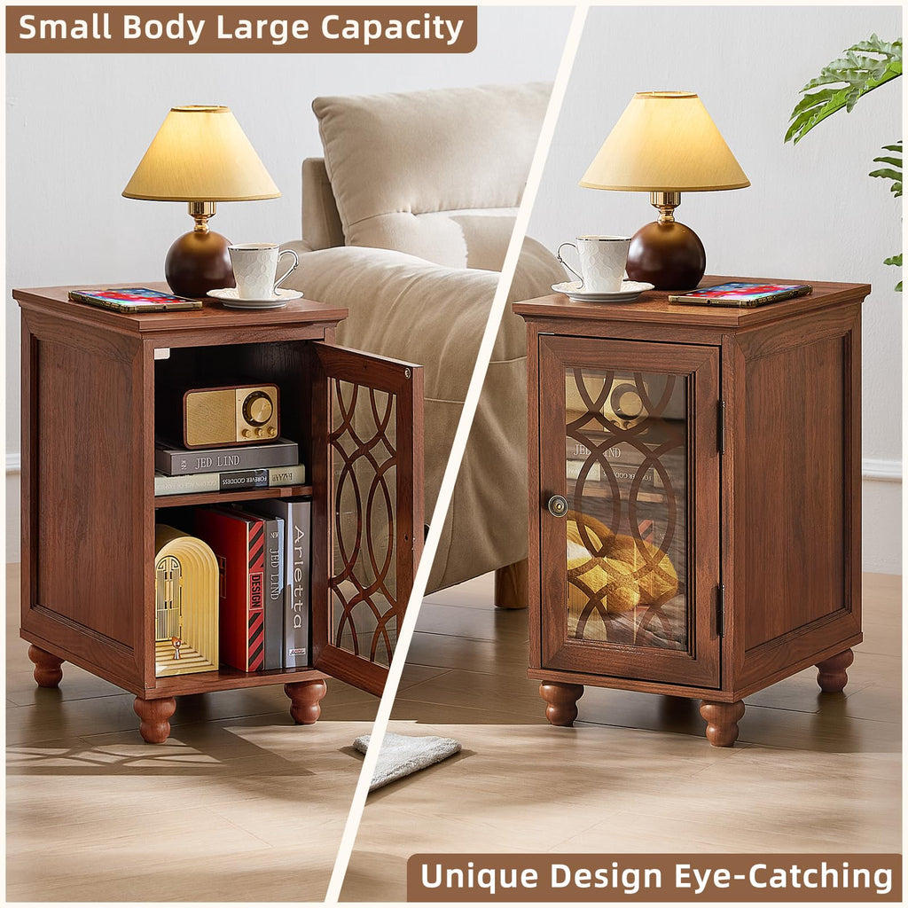 Narrow end table with storage cabinet and glass door, shown open and closed.