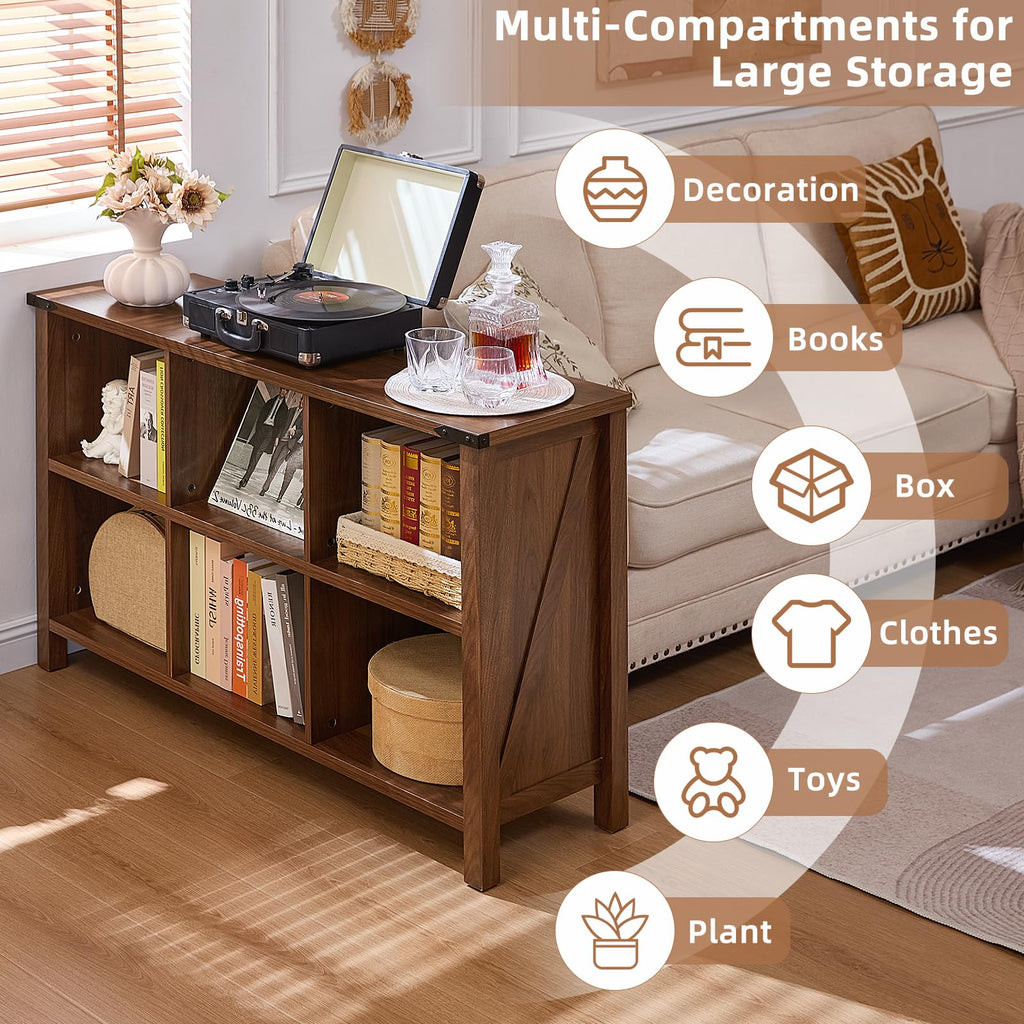 Brown farmhouse bookcase with open compartments and thick tabletop for books and small storage