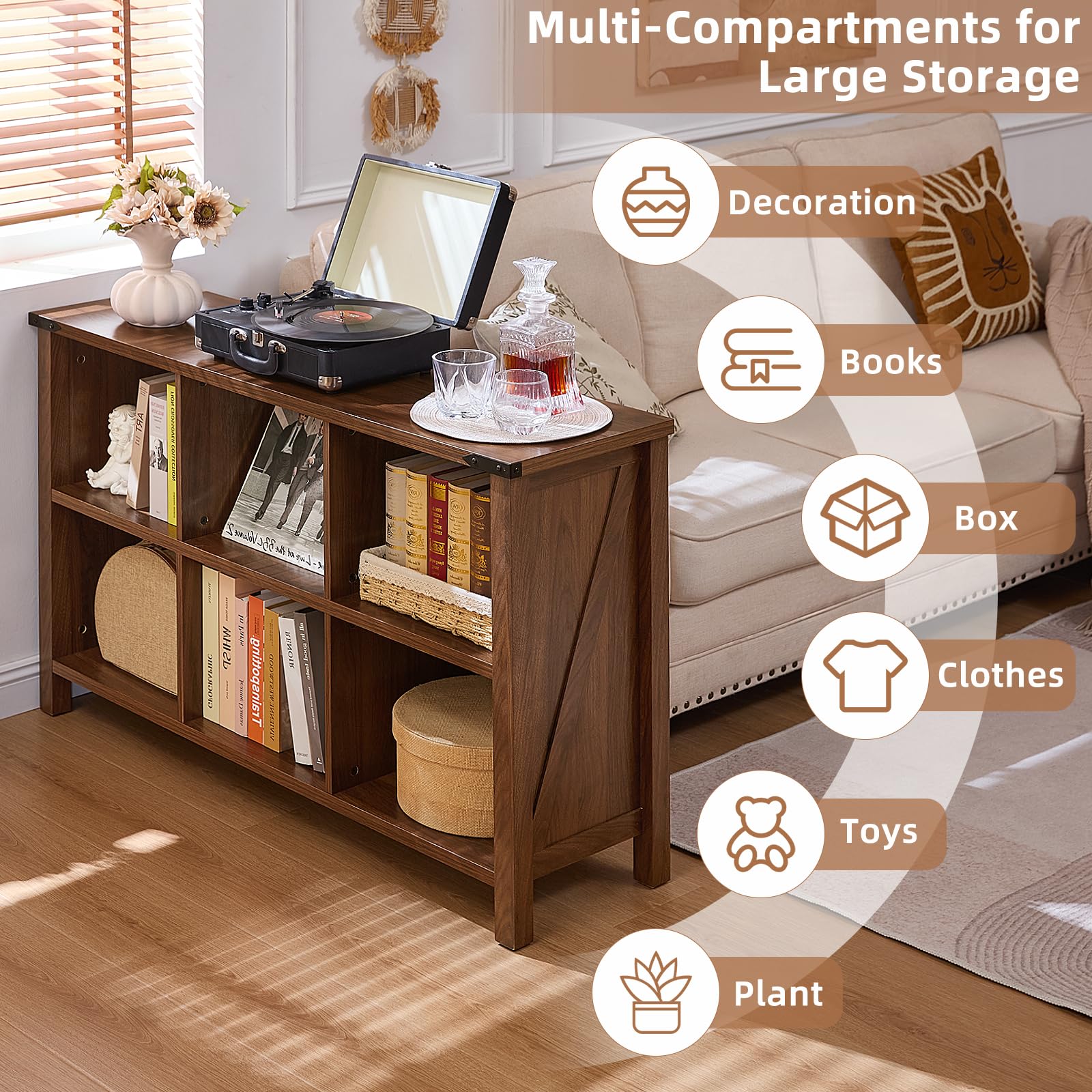 Brown farmhouse bookcase with open compartments and thick tabletop for books and small storage
