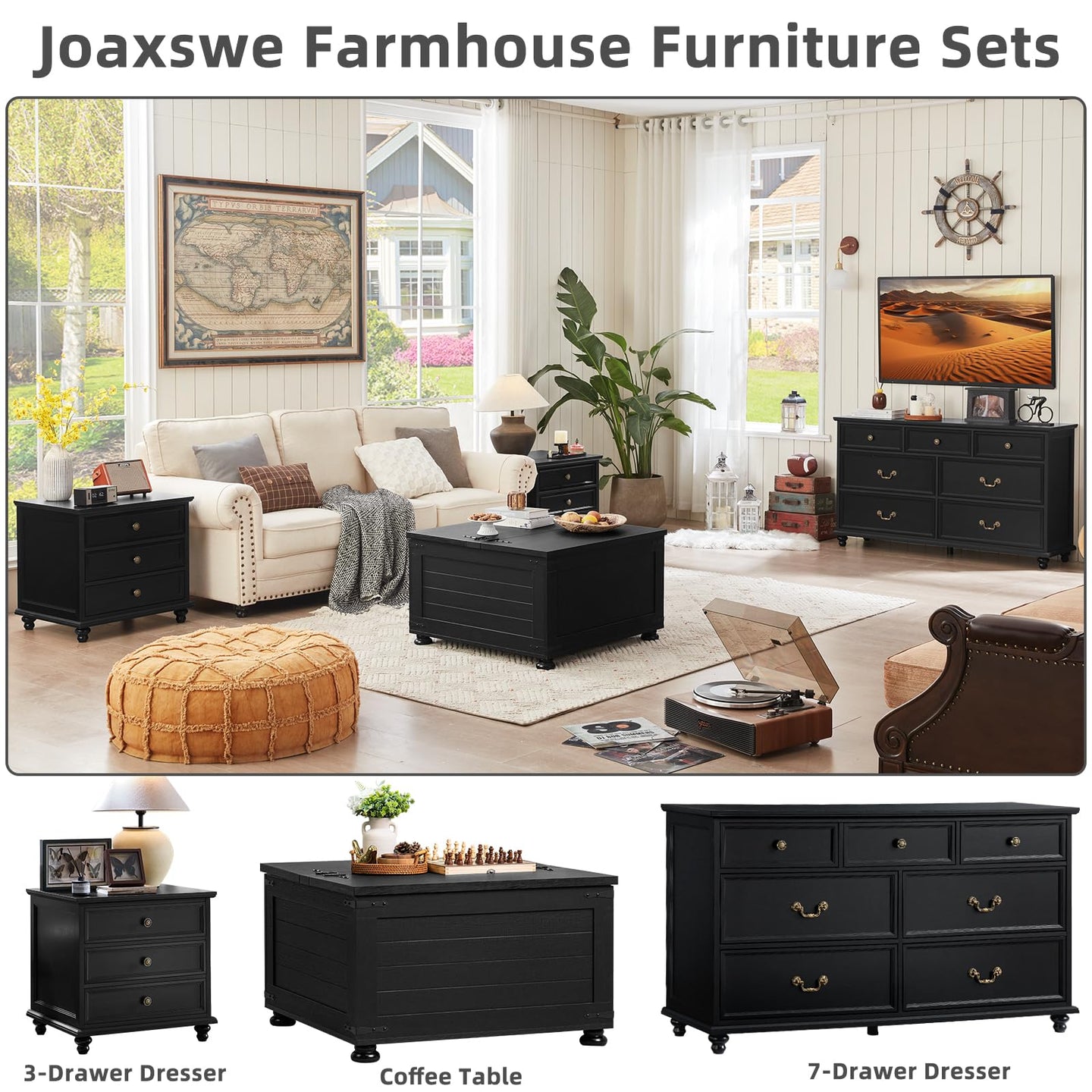 Farmhouse furniture set in living room featuring dark wood dresser with drawers and top