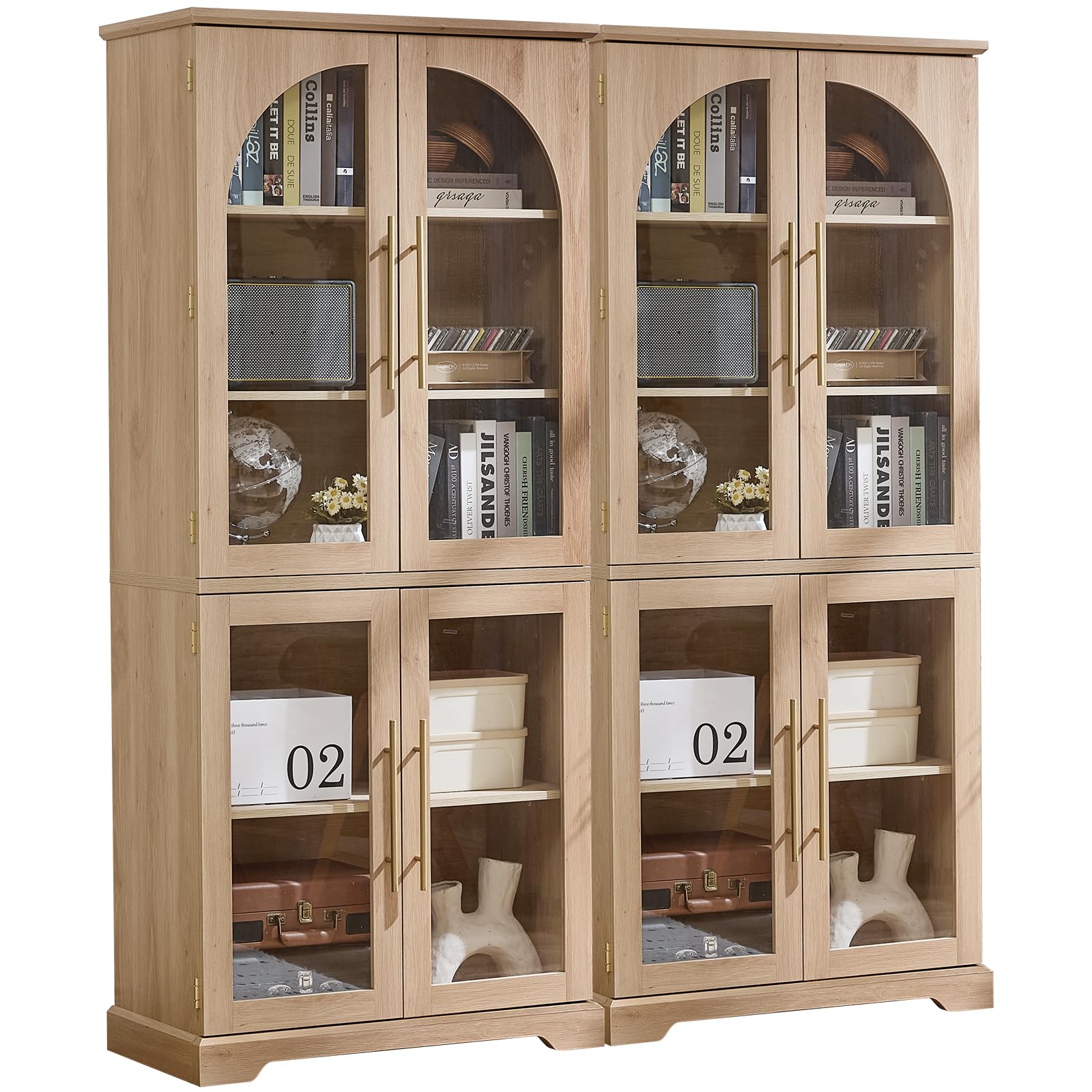 Natural wood tall bookshelf with curved arched glass doors and adjustable open storage shelves