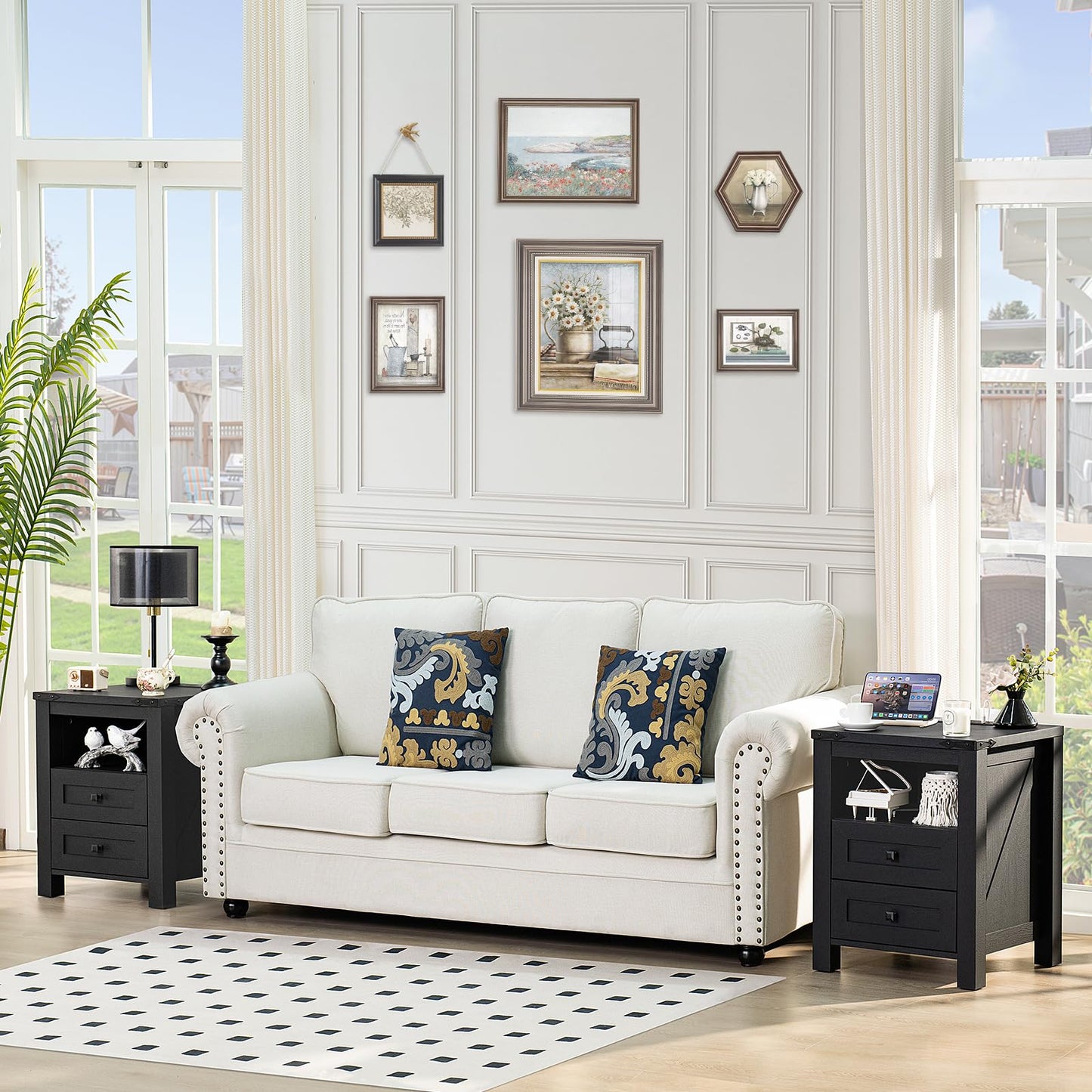 Black nightstand cabinet with 2 drawers and open storage on top