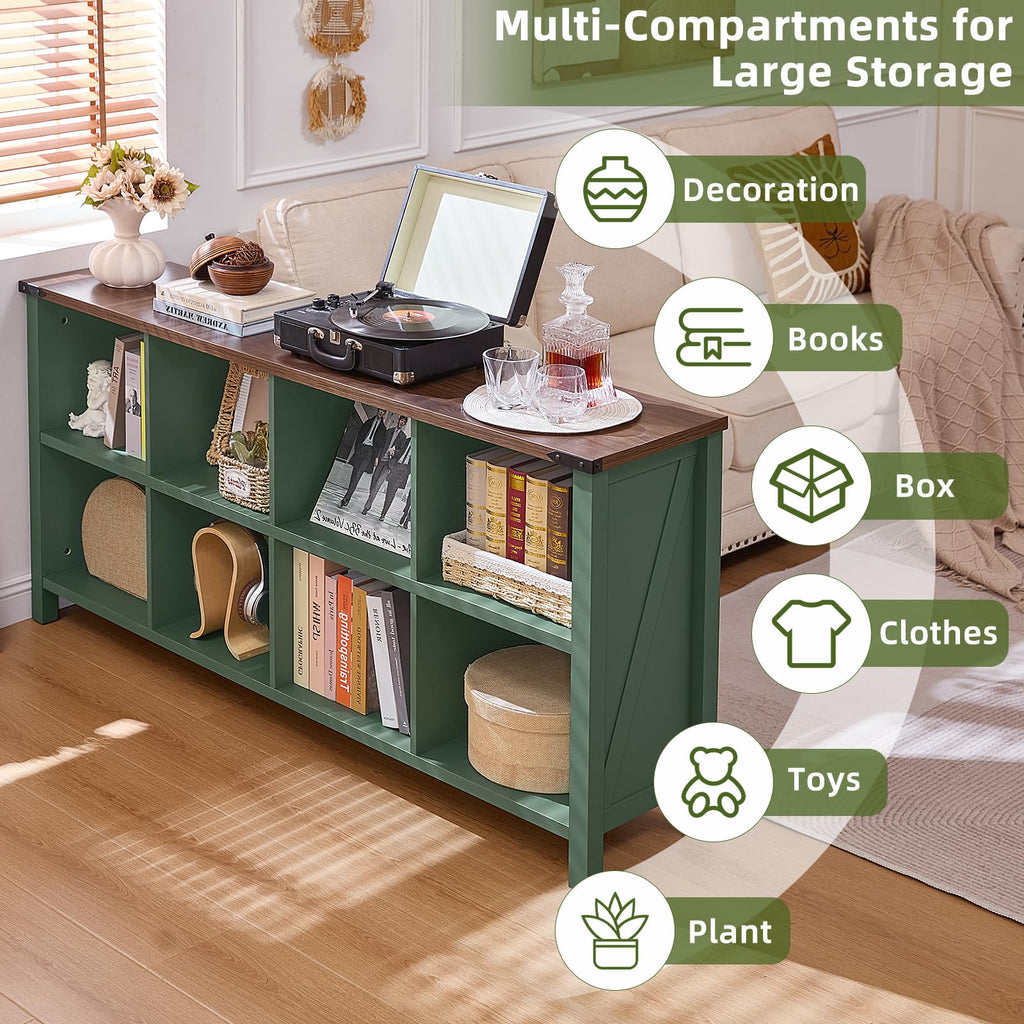 Green multi-compartment storage bookcase with open cubbies and side shelves on legs