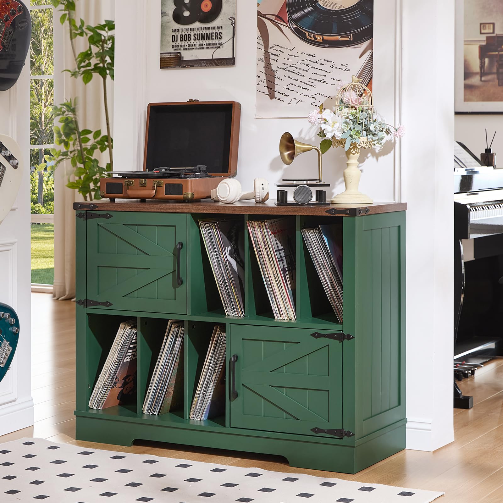 Record player cabinet with barn doors and open vinyl storage, dark green wood