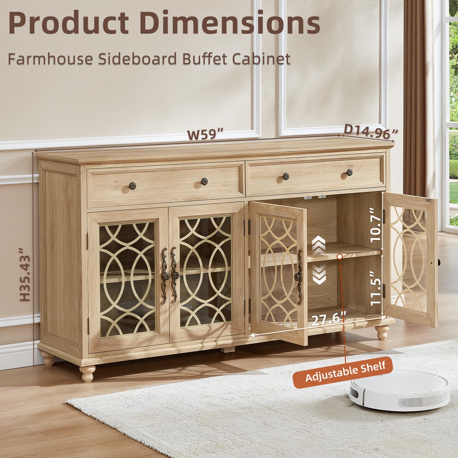 Light wood farmhouse sideboard cabinet with 2 drawers and 3 glass doors, side view