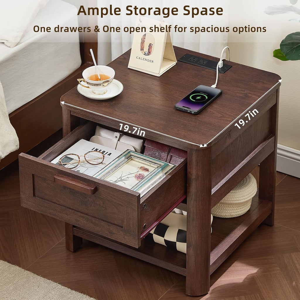 Dark walnut nightstand with drawer and open shelf, bedside charging-ready top surface