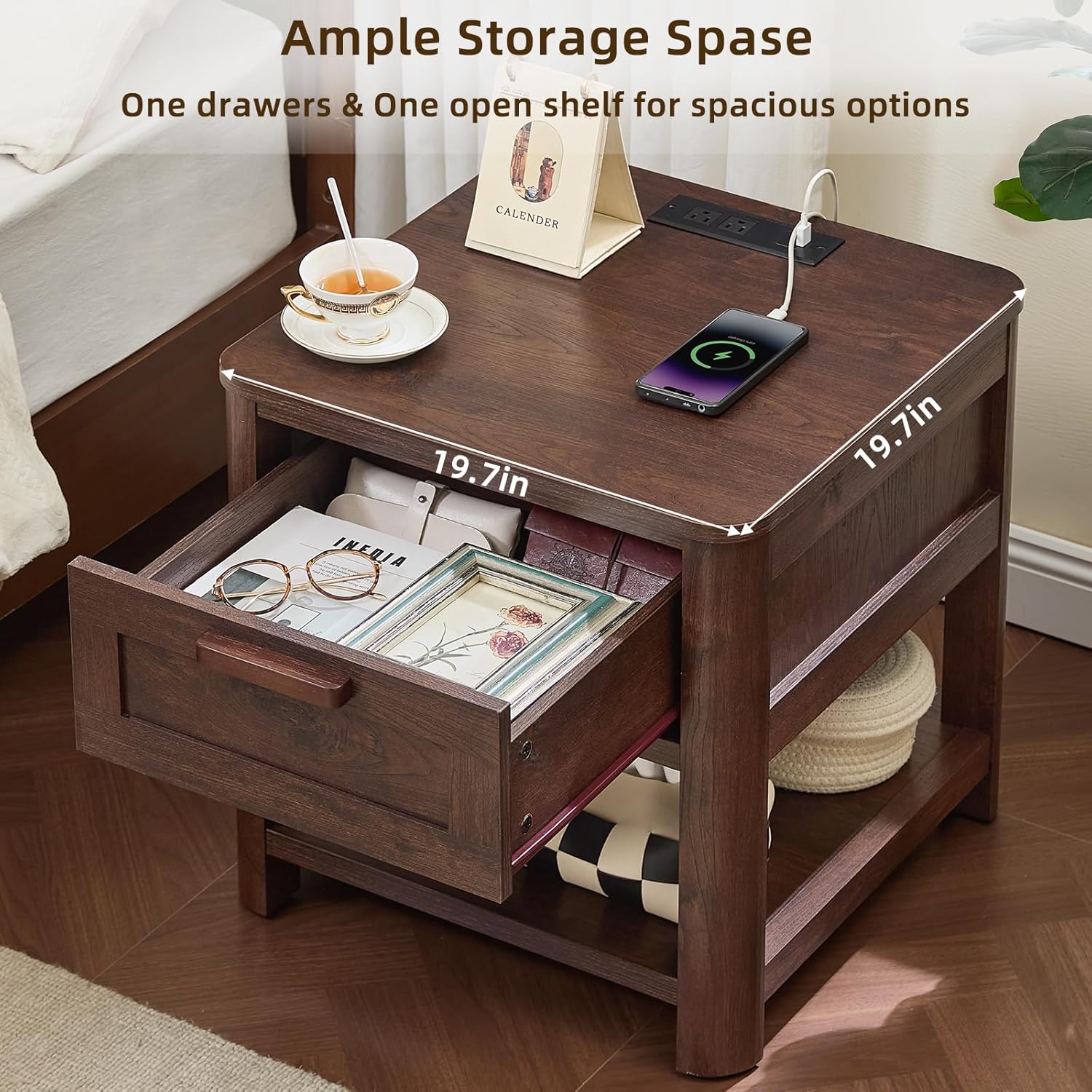 Dark walnut nightstand with drawer and open shelf, bedside charging-ready top surface