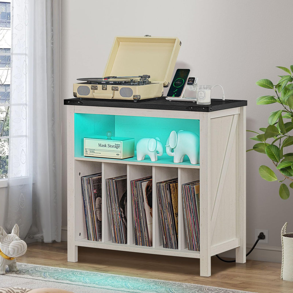 White record player stand with brown top, teal LED shelf, open vinyl storage