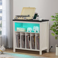 White record player stand cabinet with open shelf and vinyl record storage bins