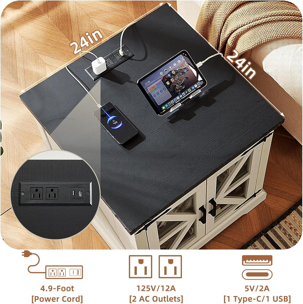 White end table nightstand with black top and charging outlets with USB ports.