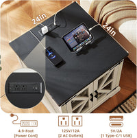 White end table nightstand with black top and charging outlets with USB ports.