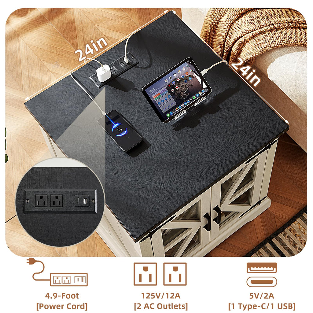 White end table with black top featuring USB charging ports and tabletop power outlets