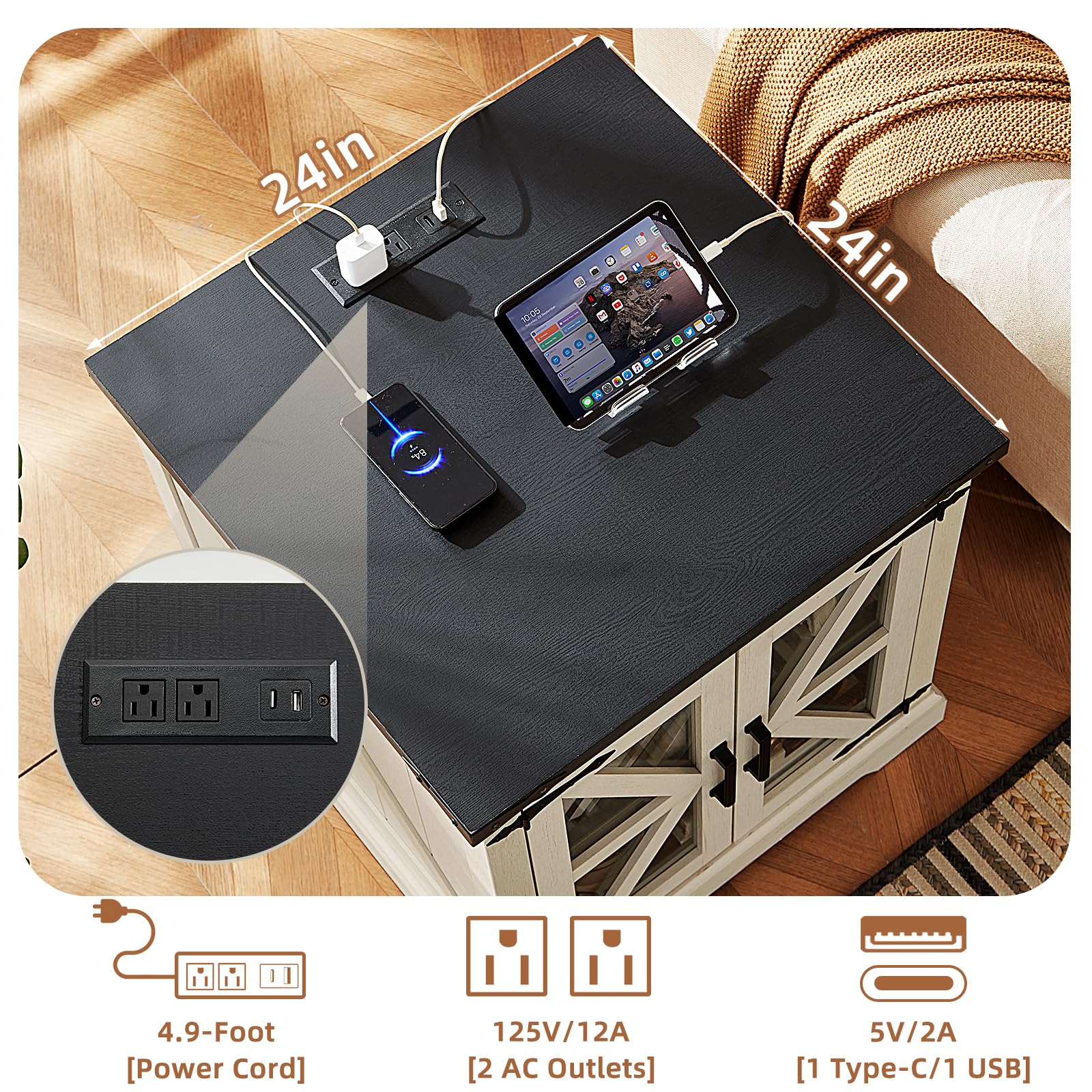 White end table with black top featuring USB charging ports and tabletop power outlets