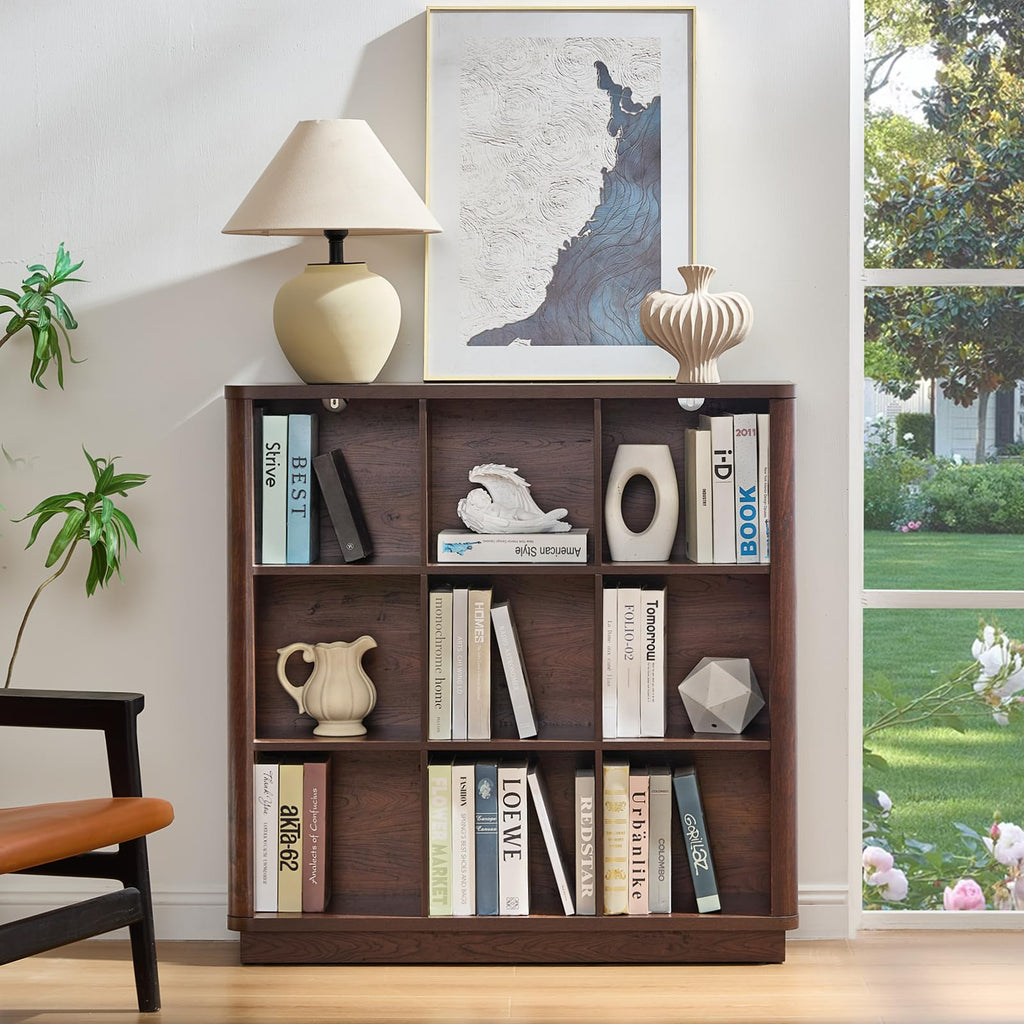 Wooden cube storage book shelf with curved top edge and open cubby compartments