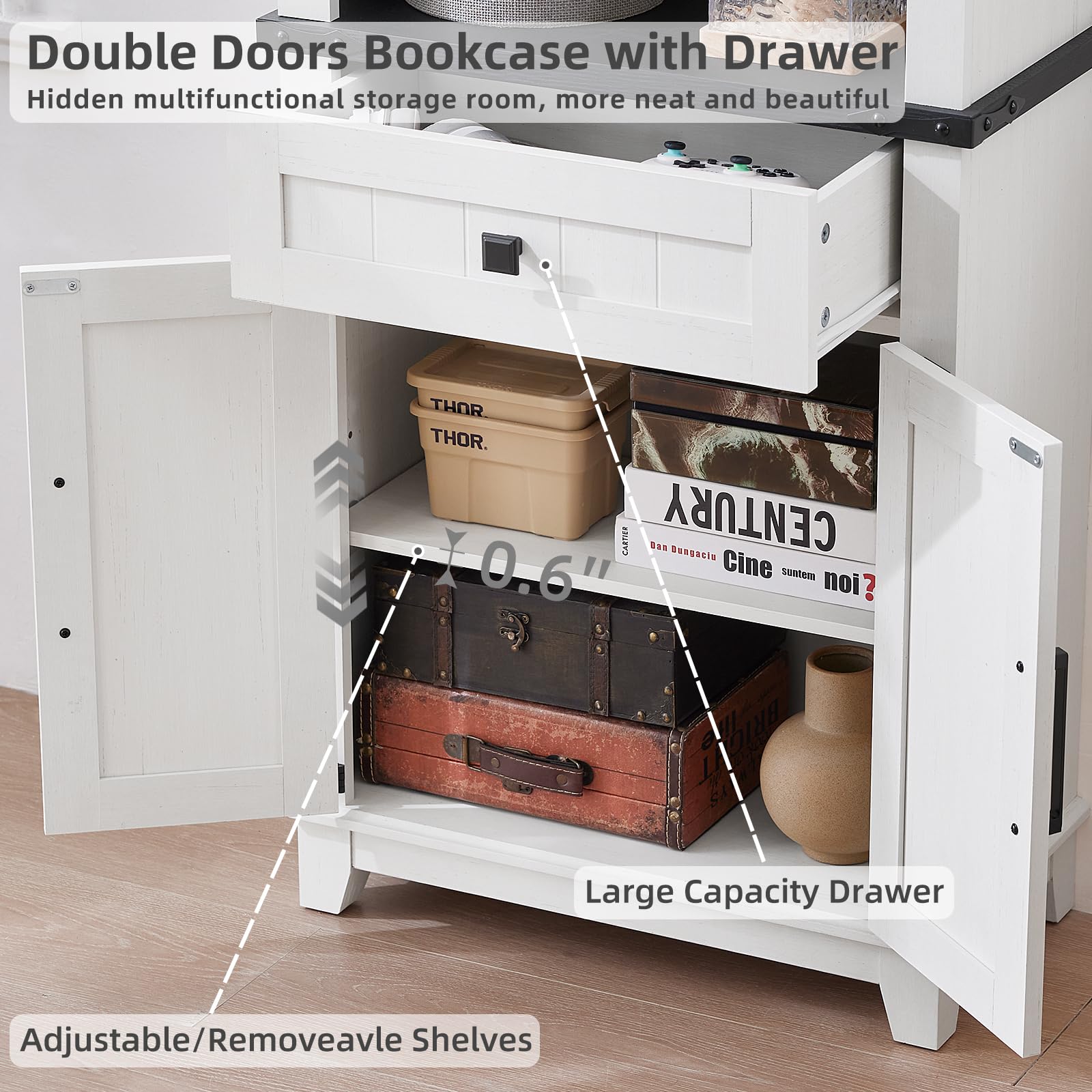 White double-door bookcase with large capacity drawer and adjustable shelves