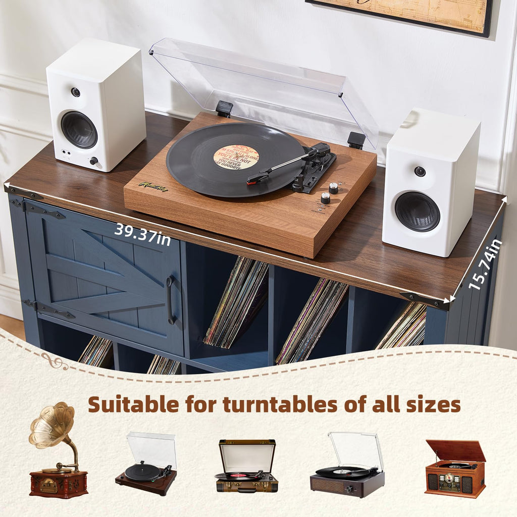 Navy blue record player cabinet with wood top and open shelves for vinyl records