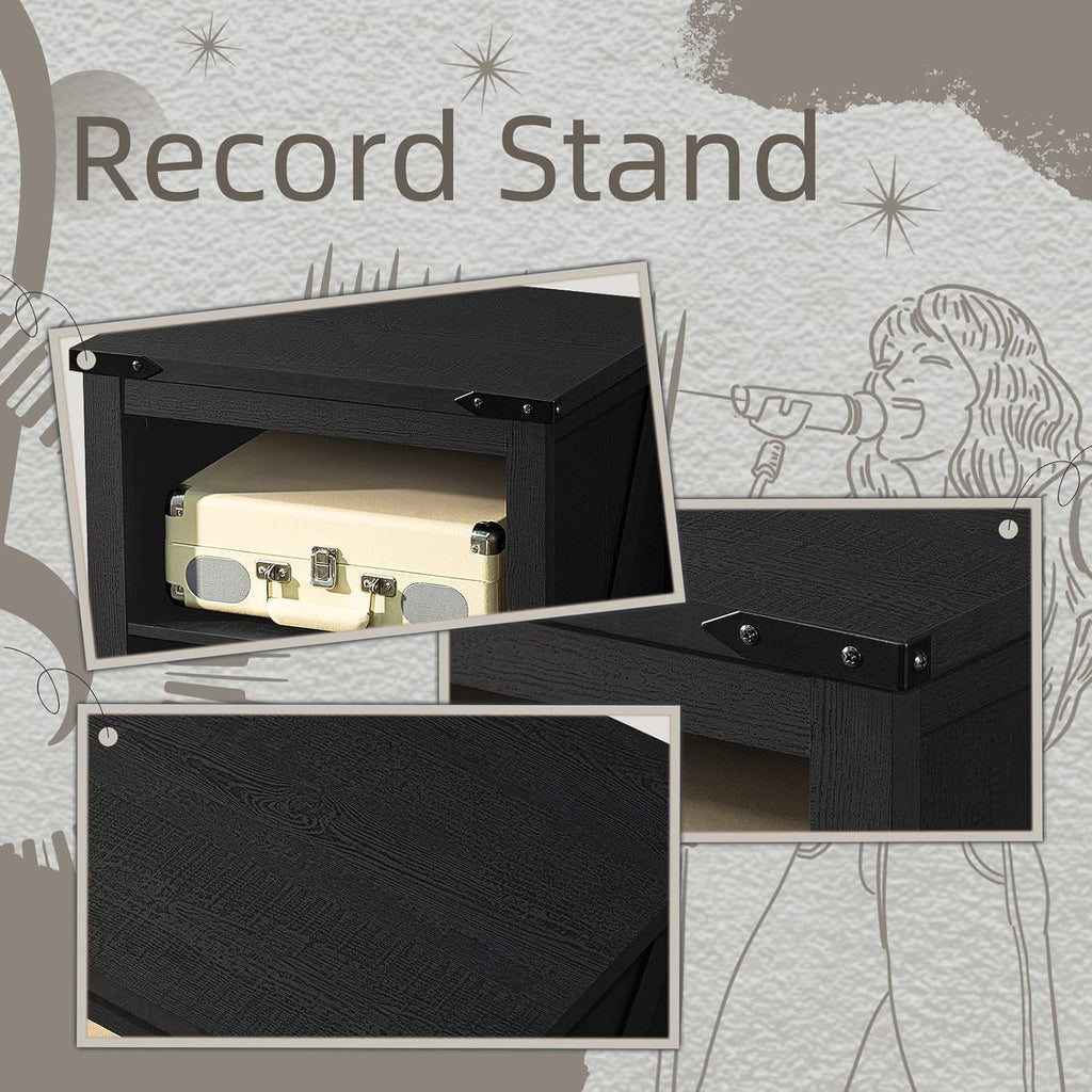 Black record player stand with open lid, showing turntable bay and vinyl shelf
