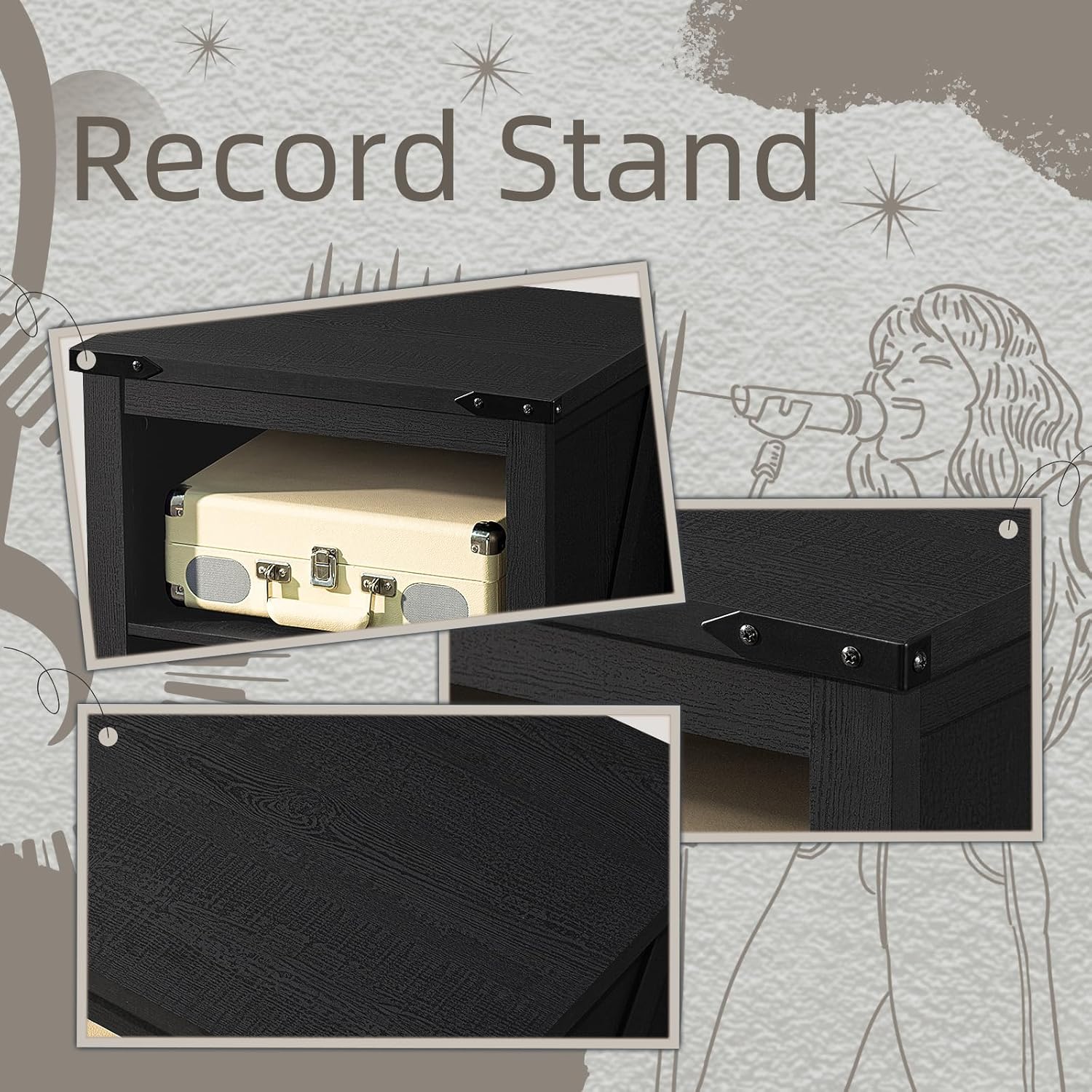 Black record player stand with open lid, showing turntable bay and vinyl shelf