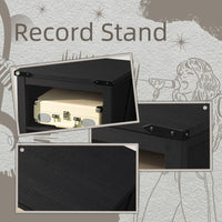 Record player stand with black cabinet and hinged dust cover; turntable compartment