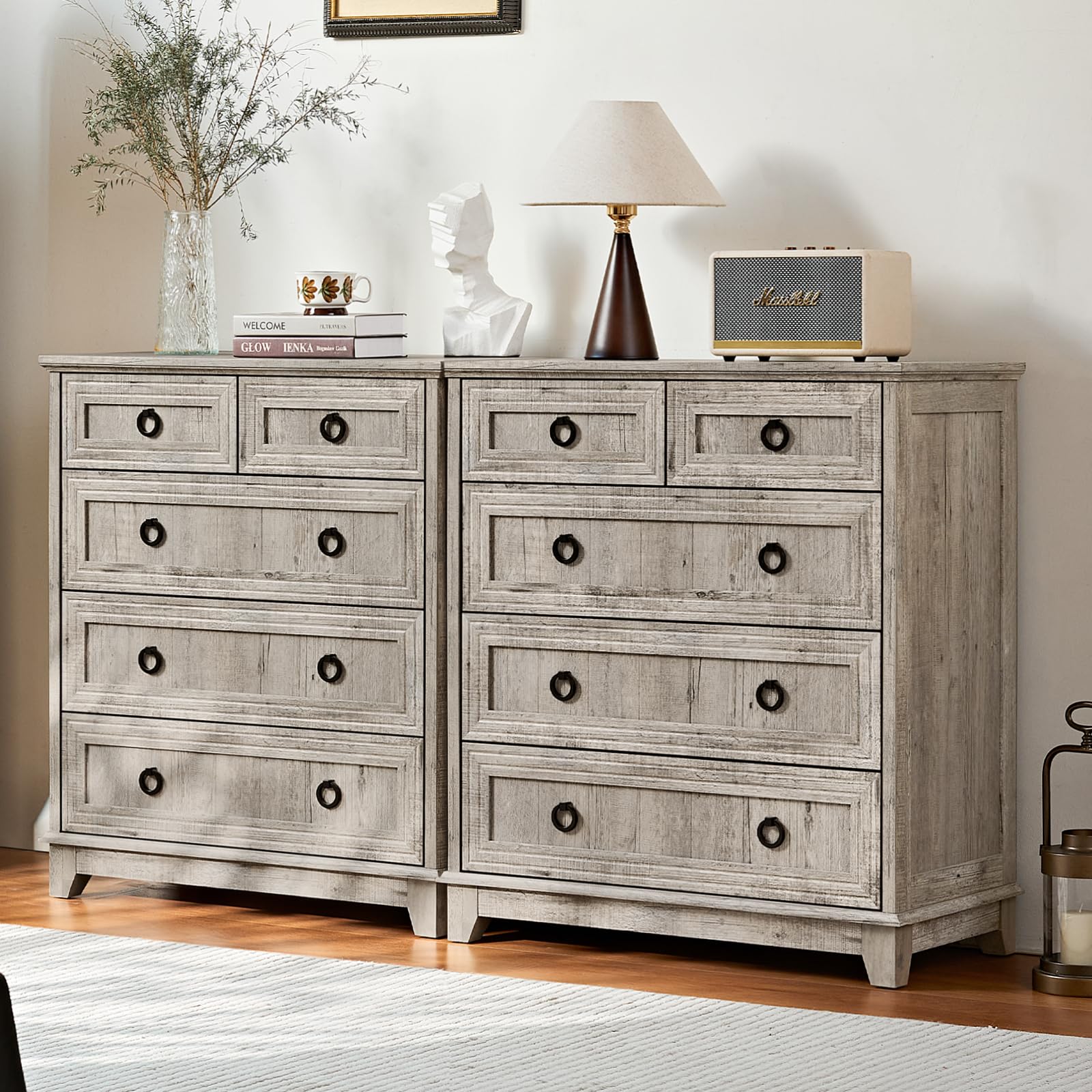 18" Farmhouse Night Stand with Charging Station, 2 Drawers End Table Dresser for Bedroom, Blue Wooden Nightstand, Bed Side Table with Open Shelf, Bedside Cabinet for Living Room, Closet