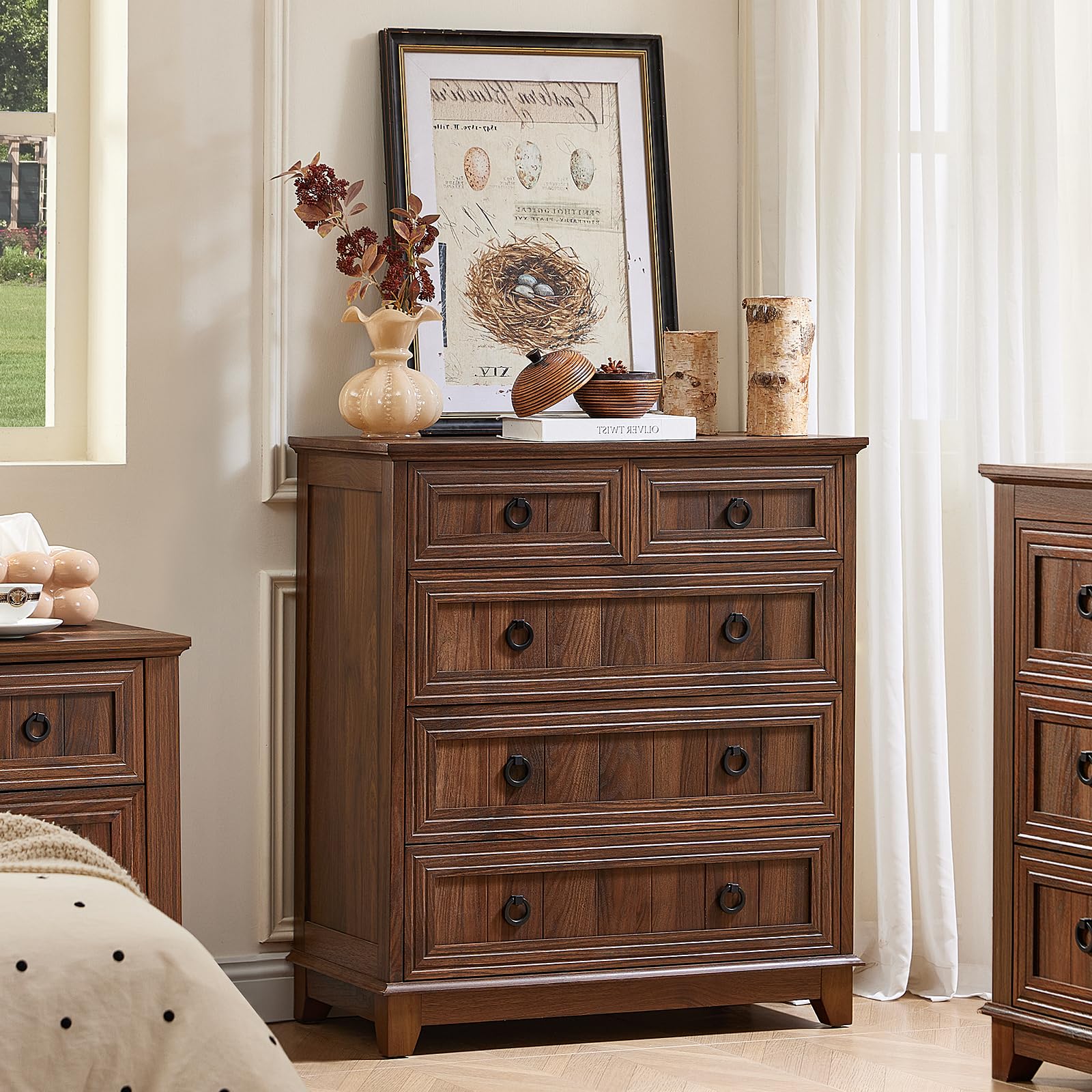 Medium brown farmhouse dresser with multiple drawers and round metal drawer pulls