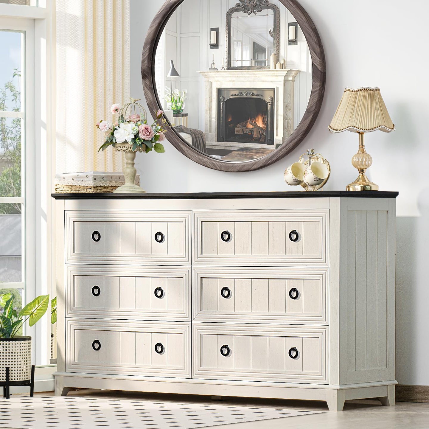 White painted wood dresser with 6 drawers and black round knob pulls
