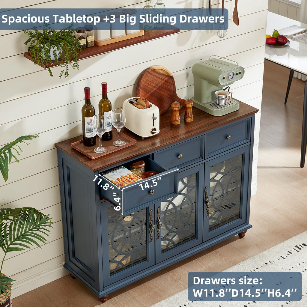 Blue sideboard buffet with sliding glass doors, drawers, and farmhouse tabletop