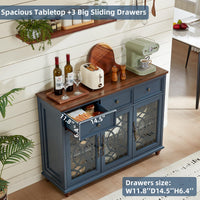 Sideboard buffet cabinet top and drawers with open glass-door storage, blue finish