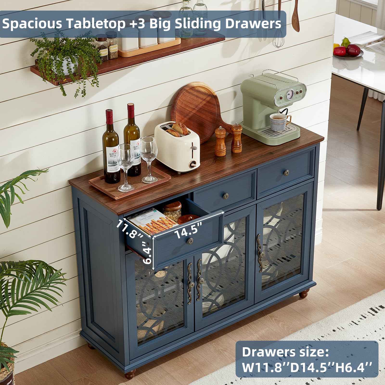Blue sideboard buffet with sliding glass doors, drawers, and farmhouse tabletop