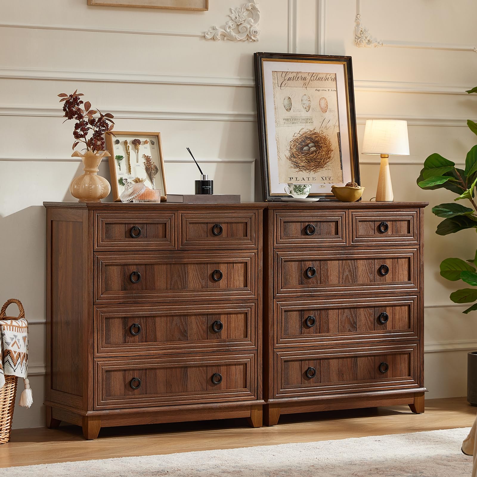 Farmhouse 5-drawer dresser with metal ring pulls, warm brown wood finish